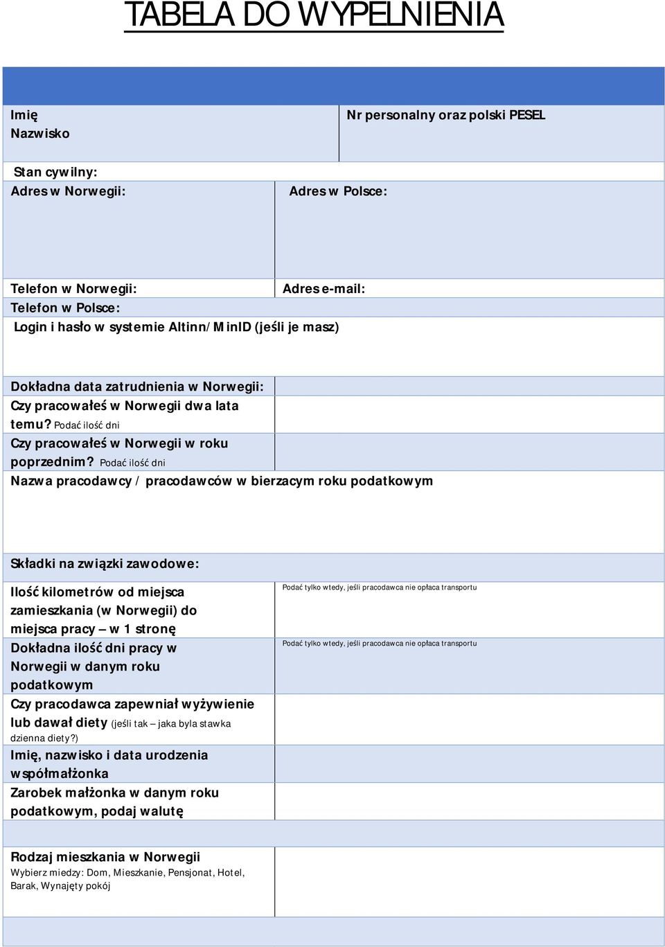 Podać ilość dni Nazwa pracodawcy / pracodawców w bierzacym roku podatkowym Składki na związki zawodowe: Ilość kilometrów od miejsca zamieszkania (w Norwegii) do miejsca pracy w 1 stronę Dokładna