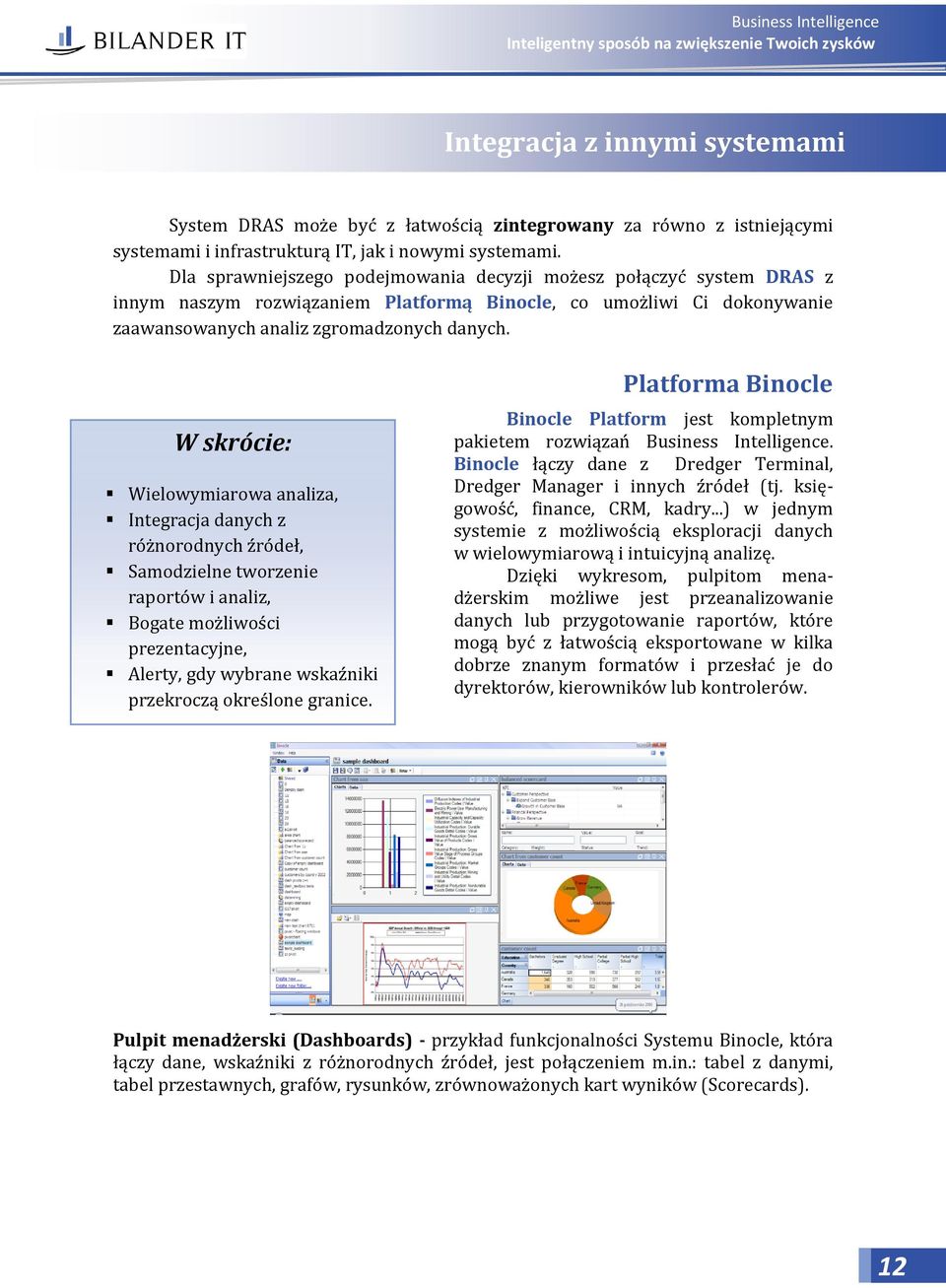 W skrócie: Wielowymiarowa analiza, Integracja danych z różnorodnych źródeł, Samodzielne tworzenie raportów i analiz, Bogate możliwości prezentacyjne, Alerty, gdy wybrane wskaźniki przekroczą