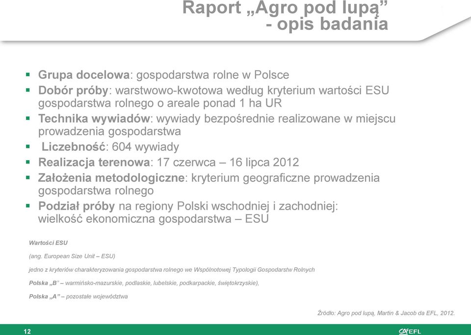 prowadzenia gospodarstwa rolnego Podział próby na regiony Polski wschodniej i zachodniej: wielkość ekonomiczna gospodarstwa ESU Wartości ESU (ang.