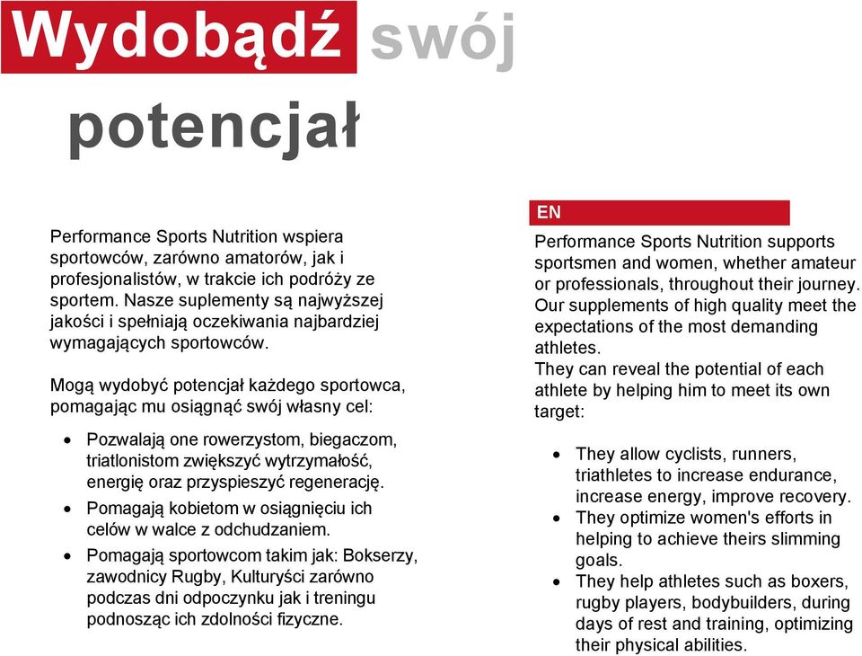 Mogą wydobyć potencjał każdego sportowca, pomagając mu osiągnąć swój własny cel: Pozwalają one rowerzystom, biegaczom, triatlonistom zwiększyć wytrzymałość, energię oraz przyspieszyć regenerację.