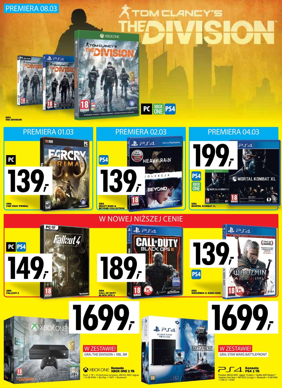 DUTY BLACK OPS 3 1699, WIEDŹMIN 3: DZIKI GON 1699, W ZESTAWIE : THE DIVISION + XBL 3M W ZESTAWIE : STAR WARS BATTLEFRONT Konsola XBOX ONE 1 TB Dysk 1