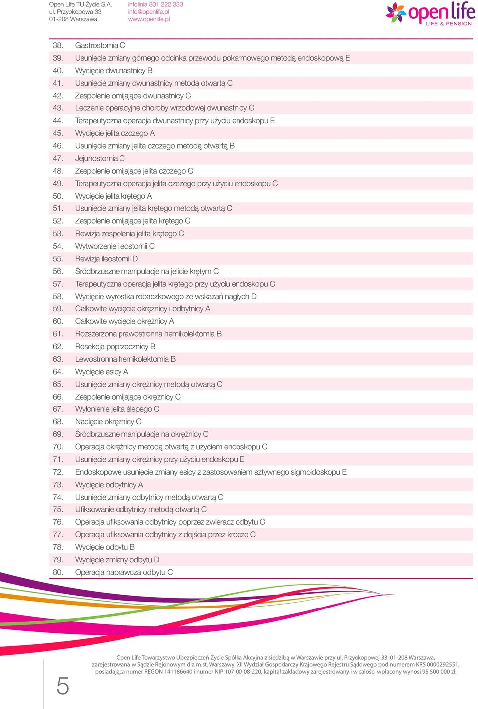 Usunięcie zmiany jelita czczego metodą otwartą B 47. Jejunostomia C 48. Zespolenie omijające jelita czczego C 49. Terapeutyczna operacja jelita czczego przy użyciu endoskopu C 50.