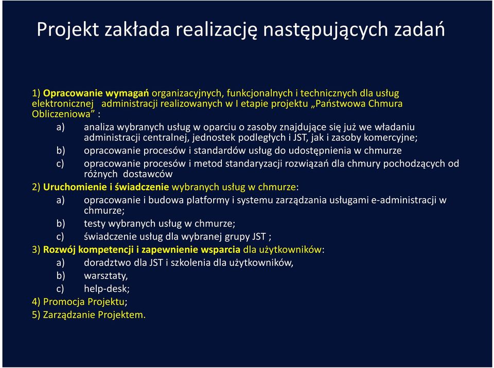 procesów i standardów usług do udostępnienia w chmurze c) opracowanie procesów i metod standaryzacji rozwiązań dla chmury pochodzących od różnych dostawców 2) Uruchomienie i świadczenie wybranych