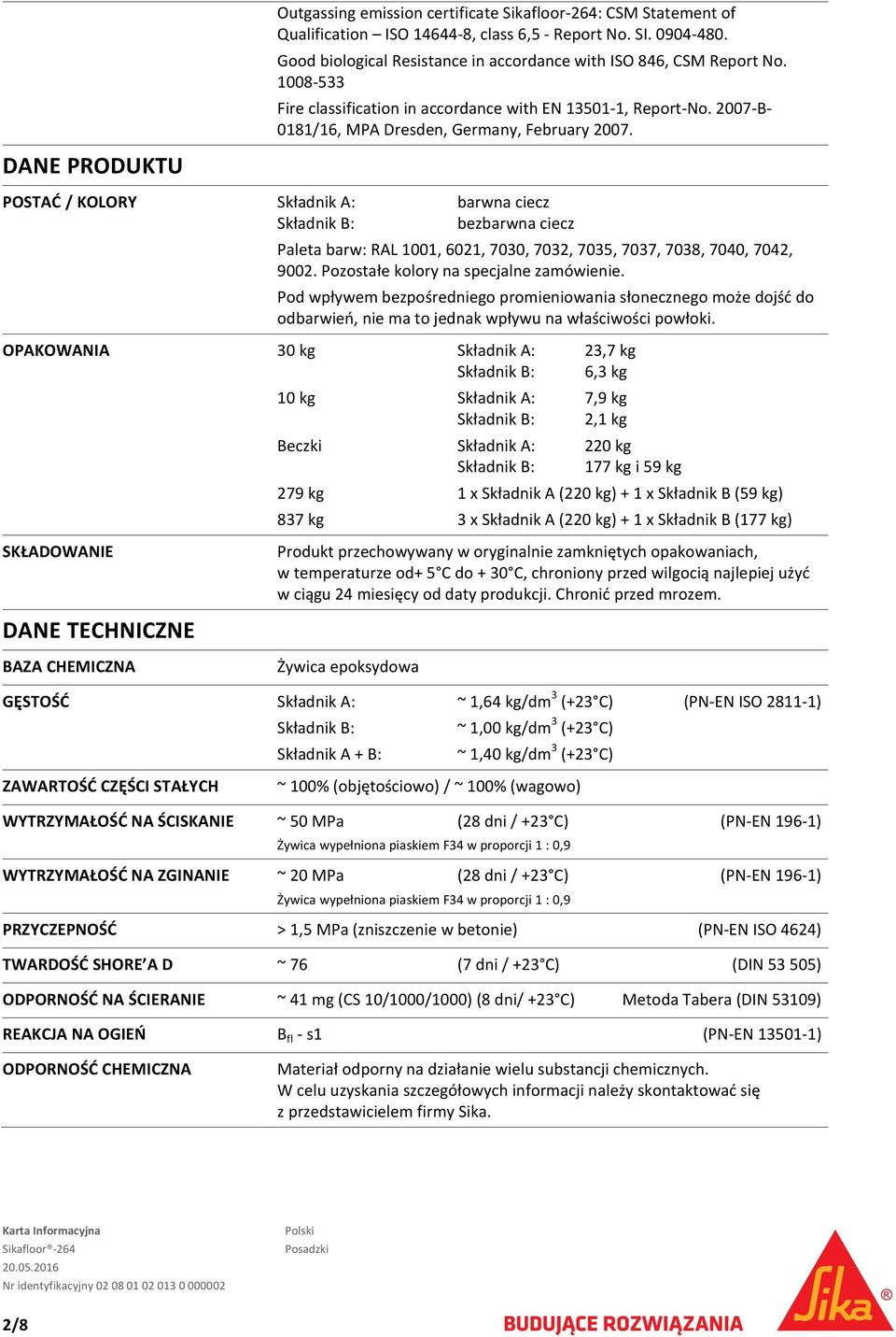 DANE PRODUKTU POSTAĆ / KOLORY Składnik A: barwna ciecz Składnik B: bezbarwna ciecz Paleta barw: RAL 1001, 6021, 7030, 7032, 7035, 7037, 7038, 7040, 7042, 9002.