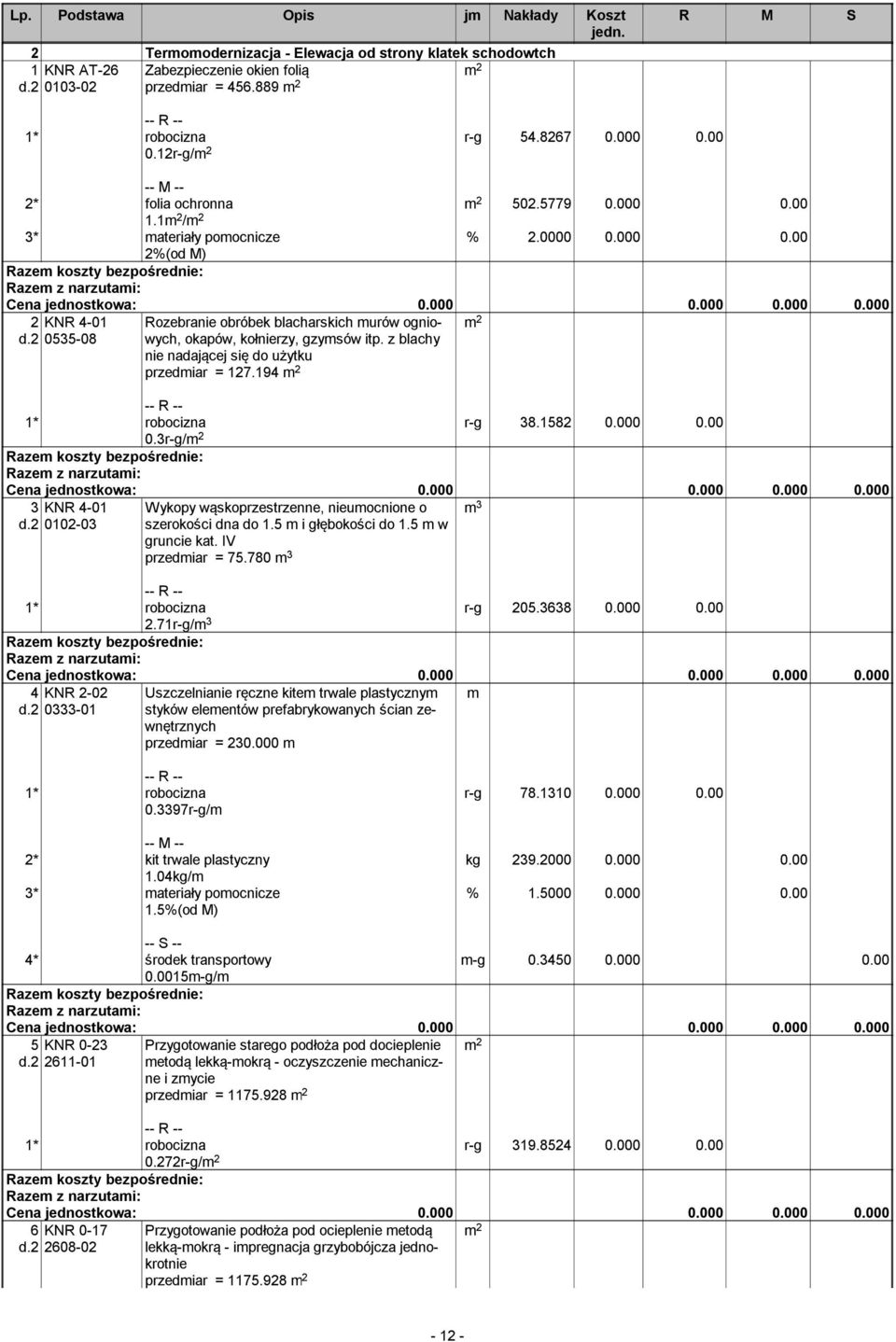 2 0535-08 Rozebranie obróbek blacharskich murów ogniowych, okapów, kołnierzy, gzymsów itp. z blachy nie nadającej się do użytku przedmiar = 127.194 r-g 38.1582 0.000 0.00 0.3r-g/ 3 KNR 4-01 d.