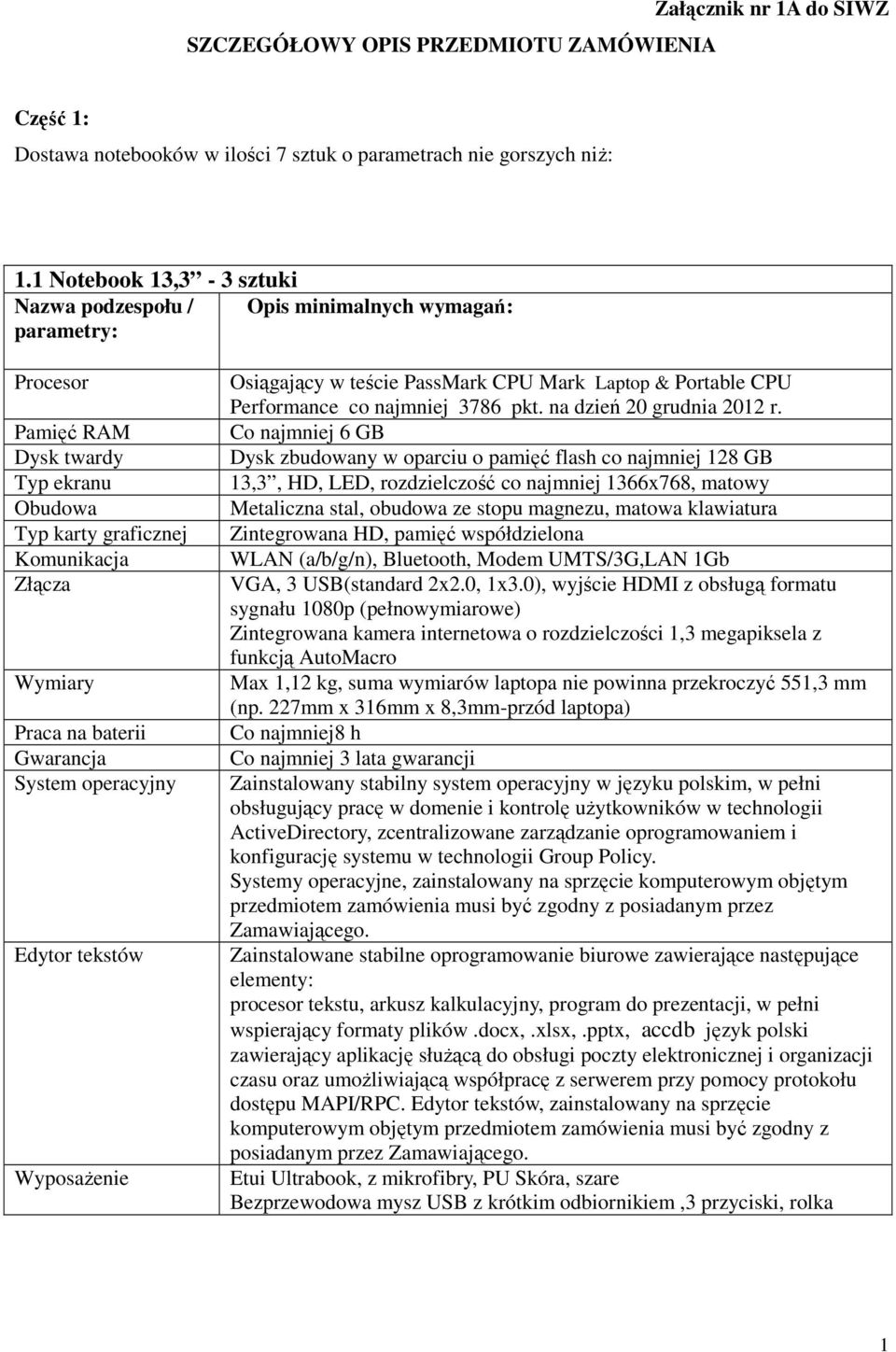 Gwarancja System operacyjny Edytor tekstów Wyposażenie Osiągający w teście PassMark CPU Mark Laptop & Portable CPU Performance co najmniej 3786 pkt. na dzień 20 grudnia 2012 r.