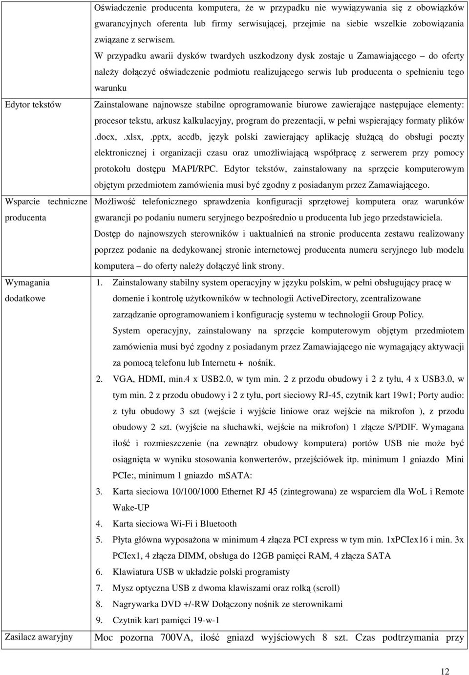 W przypadku awarii dysków twardych uszkodzony dysk zostaje u Zamawiającego do oferty należy dołączyć oświadczenie podmiotu realizującego serwis lub producenta o spełnieniu tego warunku Zainstalowane