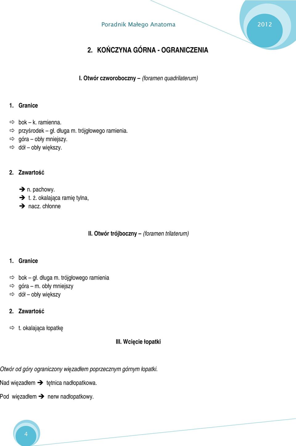 Otwór trójboczny (foramen trilaterum) 1. Granice bok gł. długa m. trójgłowego ramienia góra m. obły mniejszy dół obły większy 2. Zawartość t.