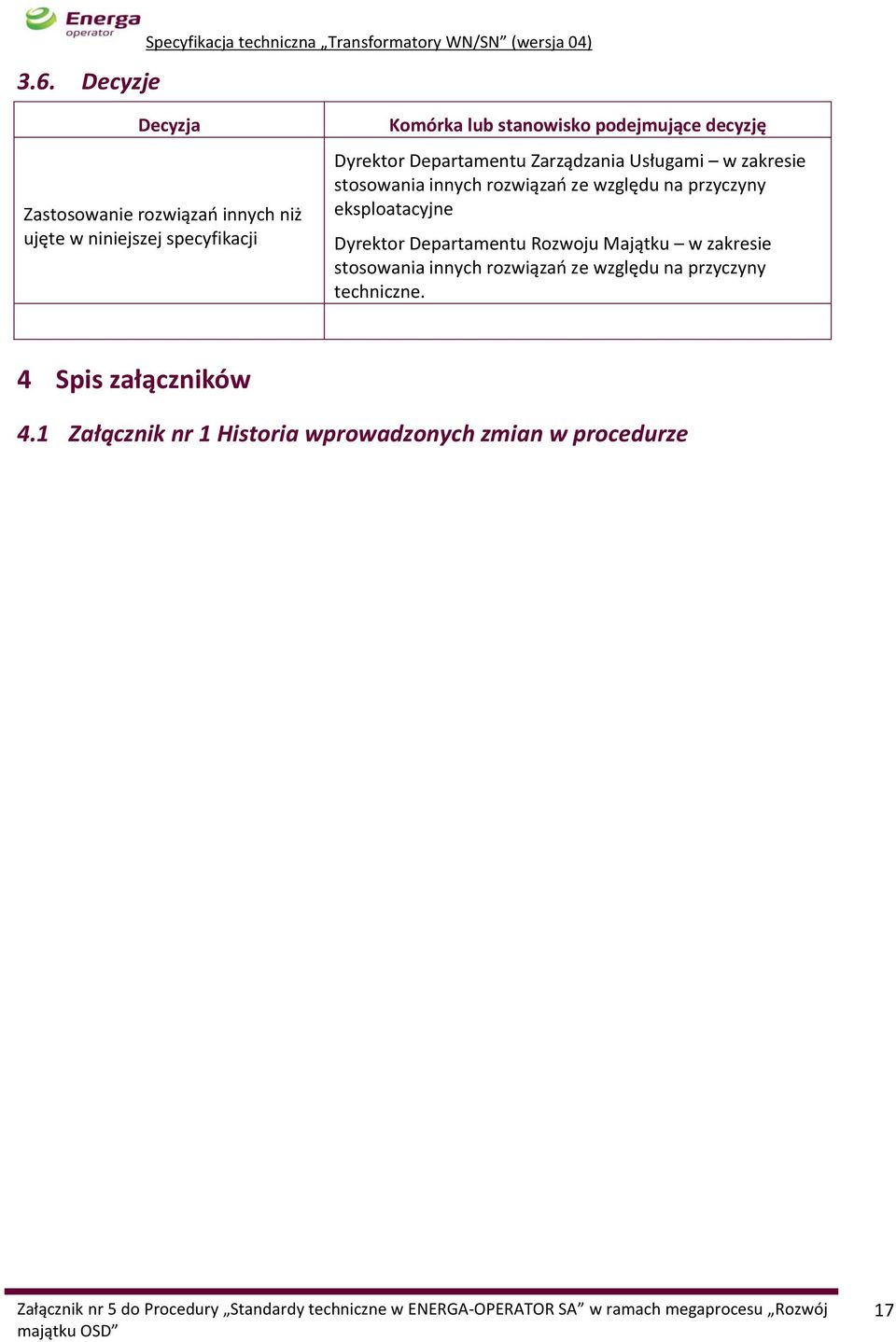 stosowania innych rozwiązań ze względu na przyczyny eksploatacyjne Dyrektor Departamentu Rozwoju Majątku w zakresie