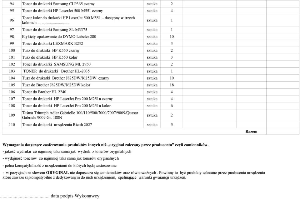 K550 kolor sztuka 3 102 Toner do drukarki SAMSUNG ML 2950 sztuka 2 103 TONER do drukarki Brother HL-2035 104 Tusz do drukarki Brother J825DW/J625DW czarny 0 105 Tusz do Brother J825DW/J625DW kolor 8