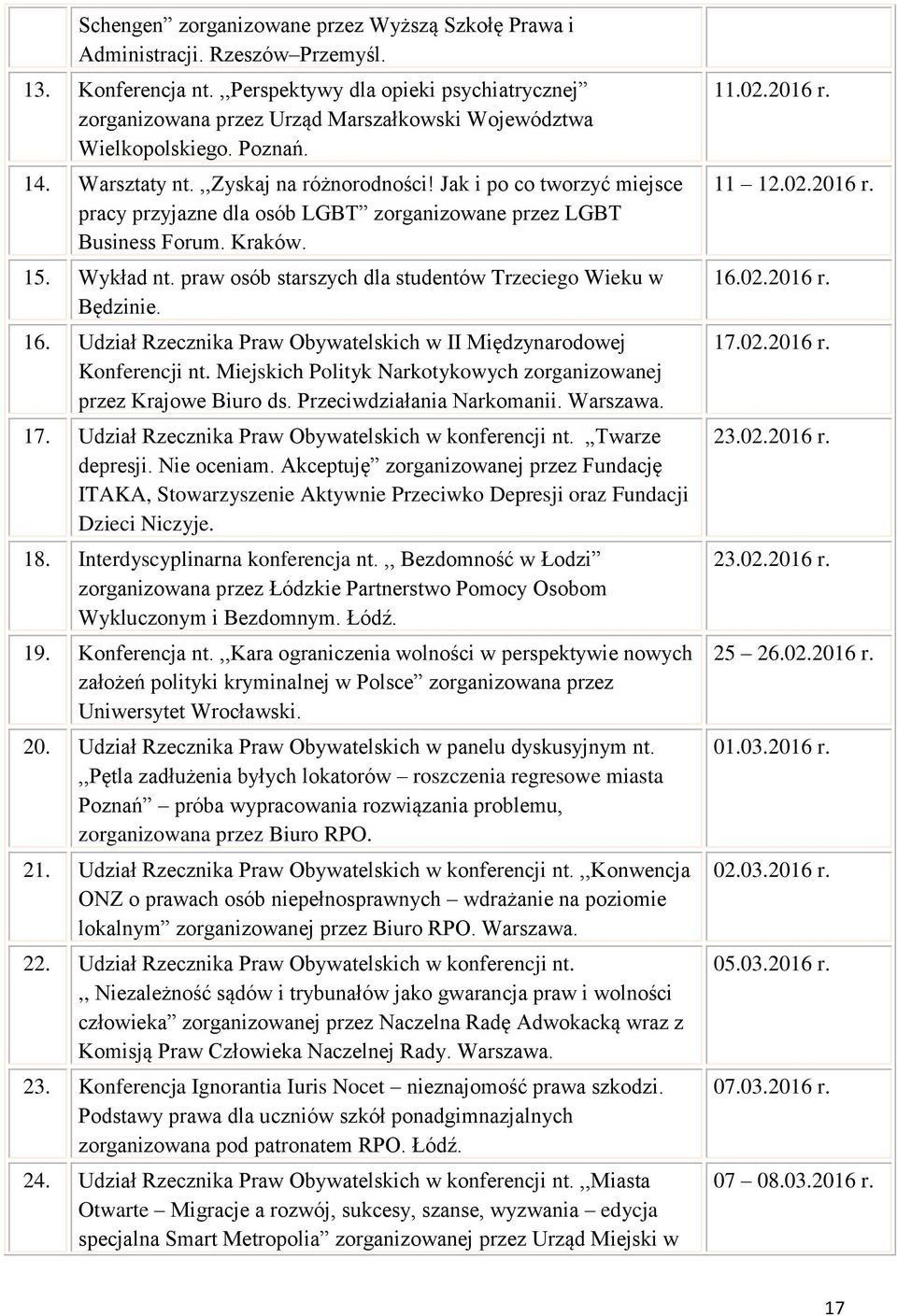 Jak i po co tworzyć miejsce pracy przyjazne dla osób LGBT zorganizowane przez LGBT Business Forum. Kraków. 15. Wykład nt. praw osób starszych dla studentów Trzeciego Wieku w Będzinie. 16.