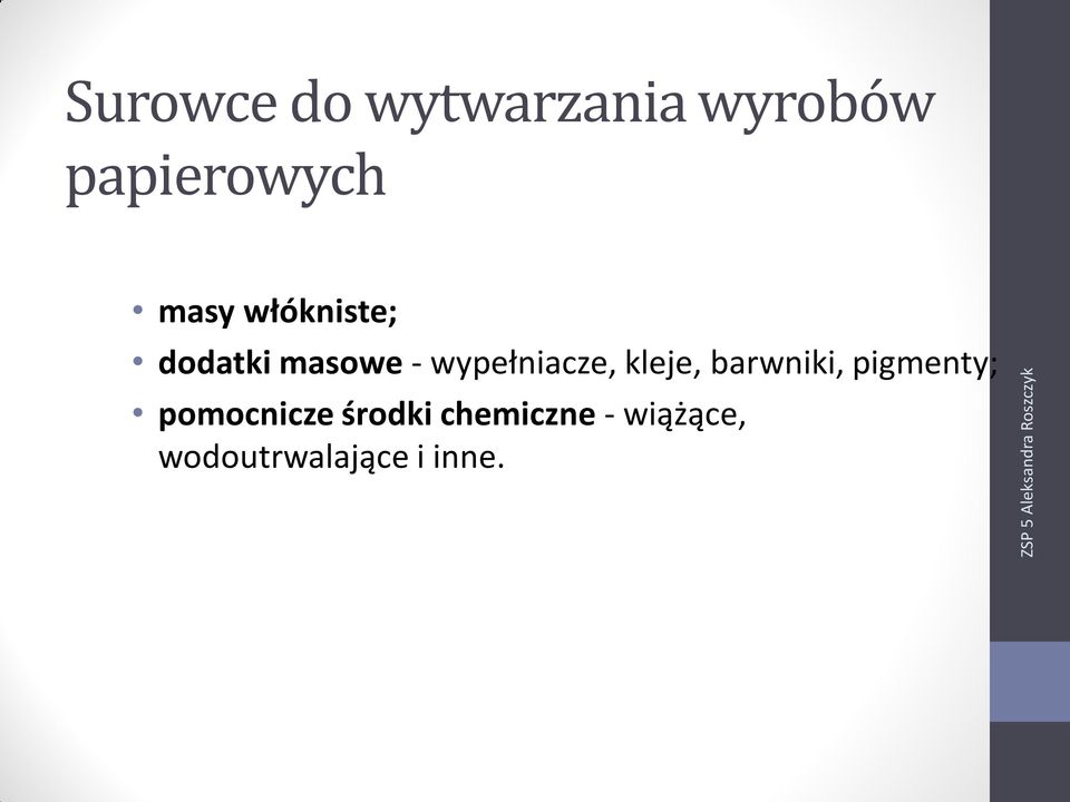 wypełniacze, kleje, barwniki, pigmenty;
