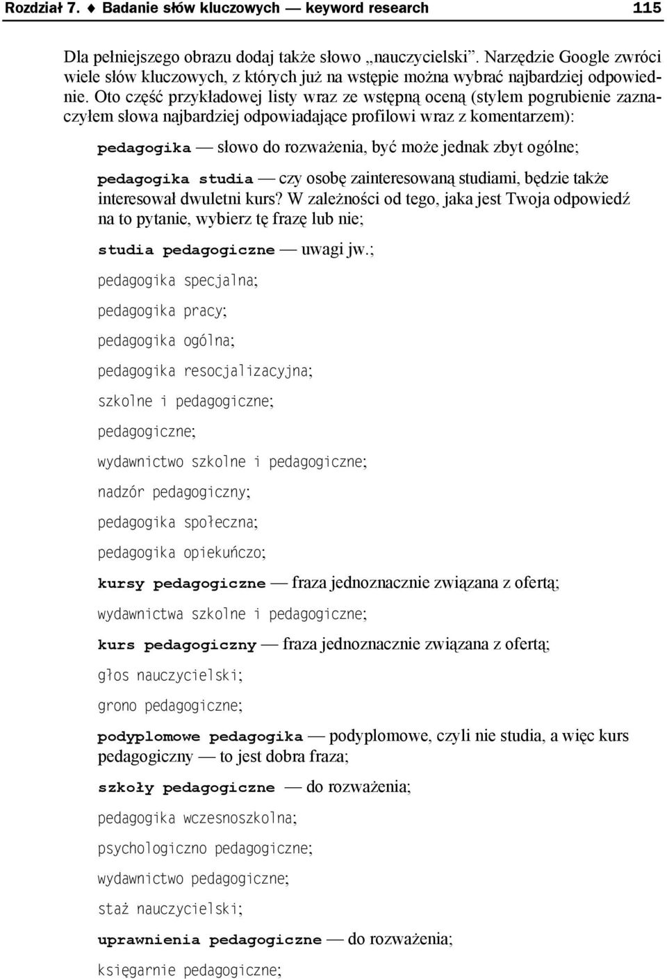 Oto część przykładowej listy wraz ze wstępną oceną (stylem pogrubienie zaznaczyłem słowa najbardziej odpowiadające profilowi wraz z komentarzem): pedagogika słowo do rozważenia, być może jednak zbyt
