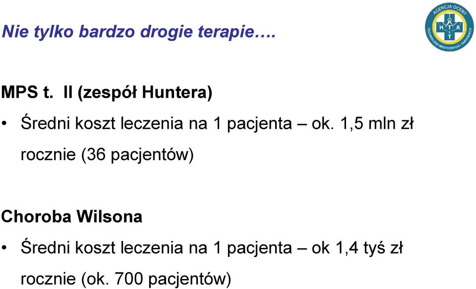 ok. 1,5 mln zł rocznie (36 pacjentów) Choroba Wilsona