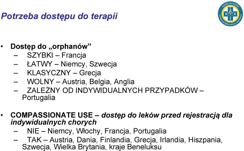 USE dostęp do leków przed rejestracją dla indywidualnych chorych NIE Niemcy, Włochy, Francja,