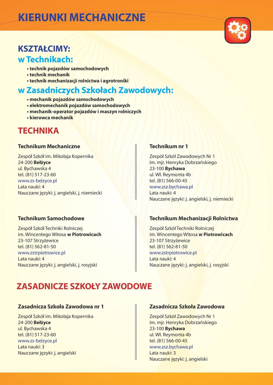 j. niemiecki Zawodowych Nr 1, j. niemiecki Samochodowe Techniki Rolniczej im. Wincentego Witosa w Piotrowicach tel. (81) 562-81-50 www.zstrpiotrowice.pl, j.