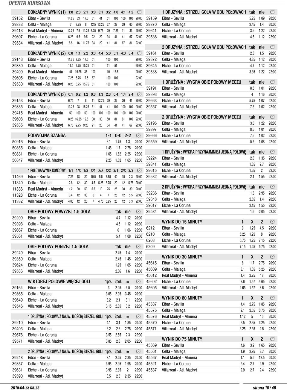 75 34 29 41 81 67 81 22:00 DOKŁADNY WYNIK (2) 0:0 1:1 2:2 3:3 4:4 5:0 5:1 4:3 3:4 39148 Eibar - Sevilla 11.75 7.25 17.5 51 100 100 20:00 39330 Celta - Malaga 11.5 6.75 15.