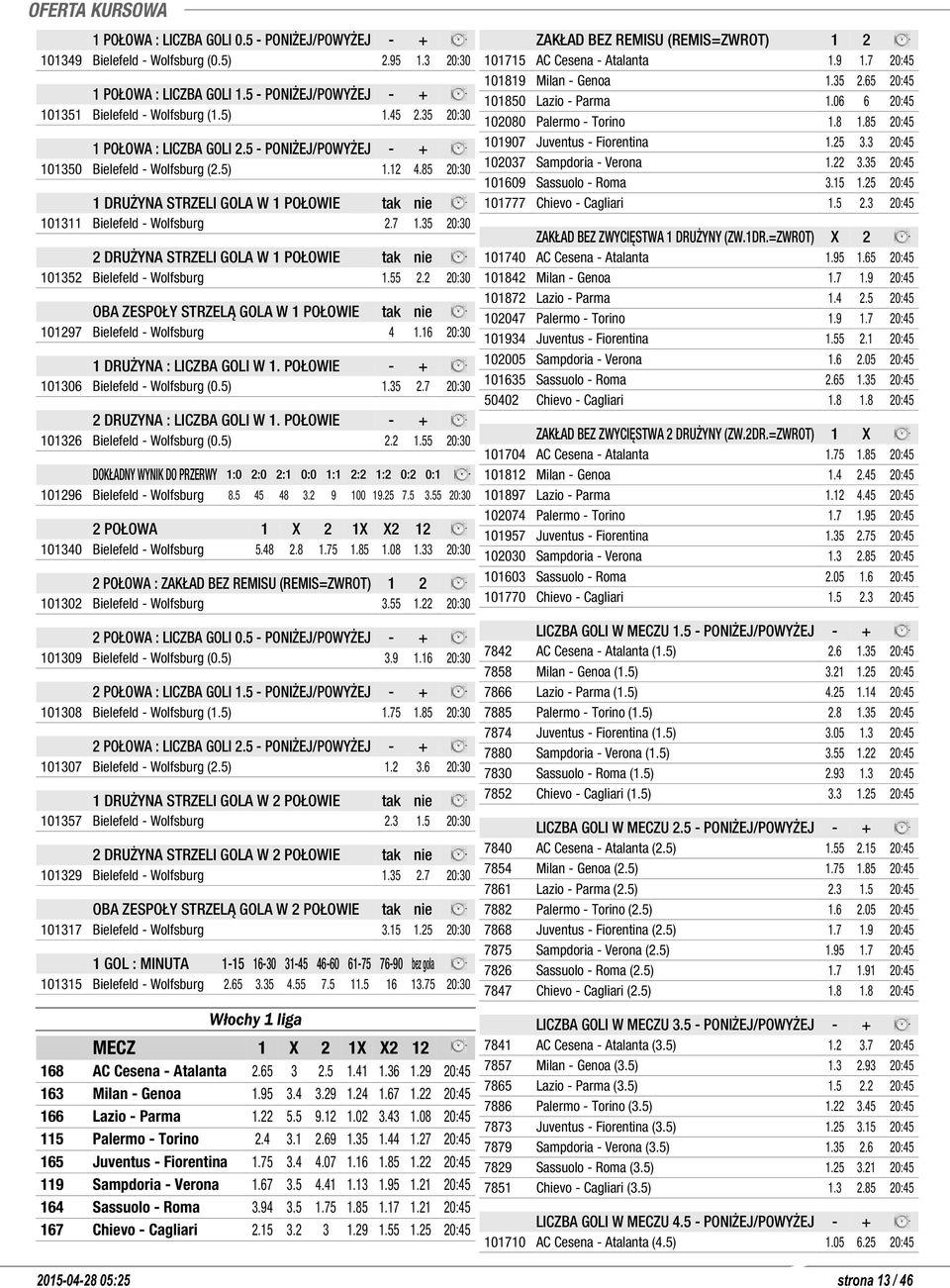 2 20:30 OBA ZESPOŁY STRZELĄ GOLA W 1 POŁOWIE tak nie 101297 Bielefeld - Wolfsburg 4 1.16 20:30 1 DRUŻYNA : LICZBA GOLI W 1. POŁOWIE - + 101306 Bielefeld - Wolfsburg (0.5) 1.35 2.