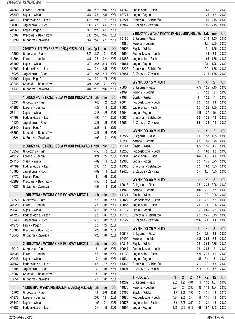 85 2 20:30 44894 Korona - Lechia 3.5 2.5 2.4 20:30 27100 Śląsk - Wisła 3.7 2.65 2.15 20:30 44703 Podbeskidzie - Lech 3.3 2.4 2.55 20:30 15925 Jagiellonia - Ruch 3.7 2.65 2.15 20:30 44990 Legia - Pogoń 4.