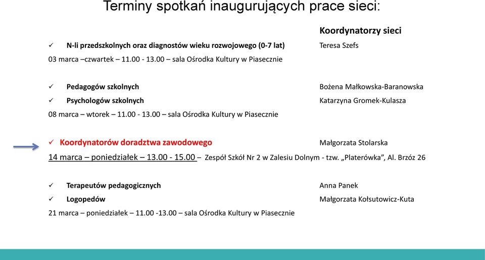 wtorek 11.00-13.00 sala Ośrodka Kultury w Piasecznie Koordynatorów doradztwa zawodowego Małgorzata Stolarska 14 marca poniedziałek 13.00-15.