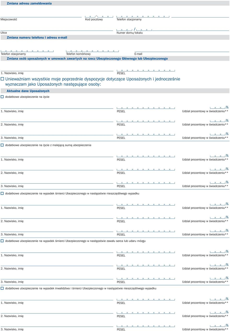 Nazwisko, imię Unieważniam wszystkie moje poprzednie dyspozycje dotyczące Uposażonych i jednocześnie wyznaczam jako Uposażonych następujące osoby: Aktualne dane Uposażonych dodatkowe ubezpieczenie na