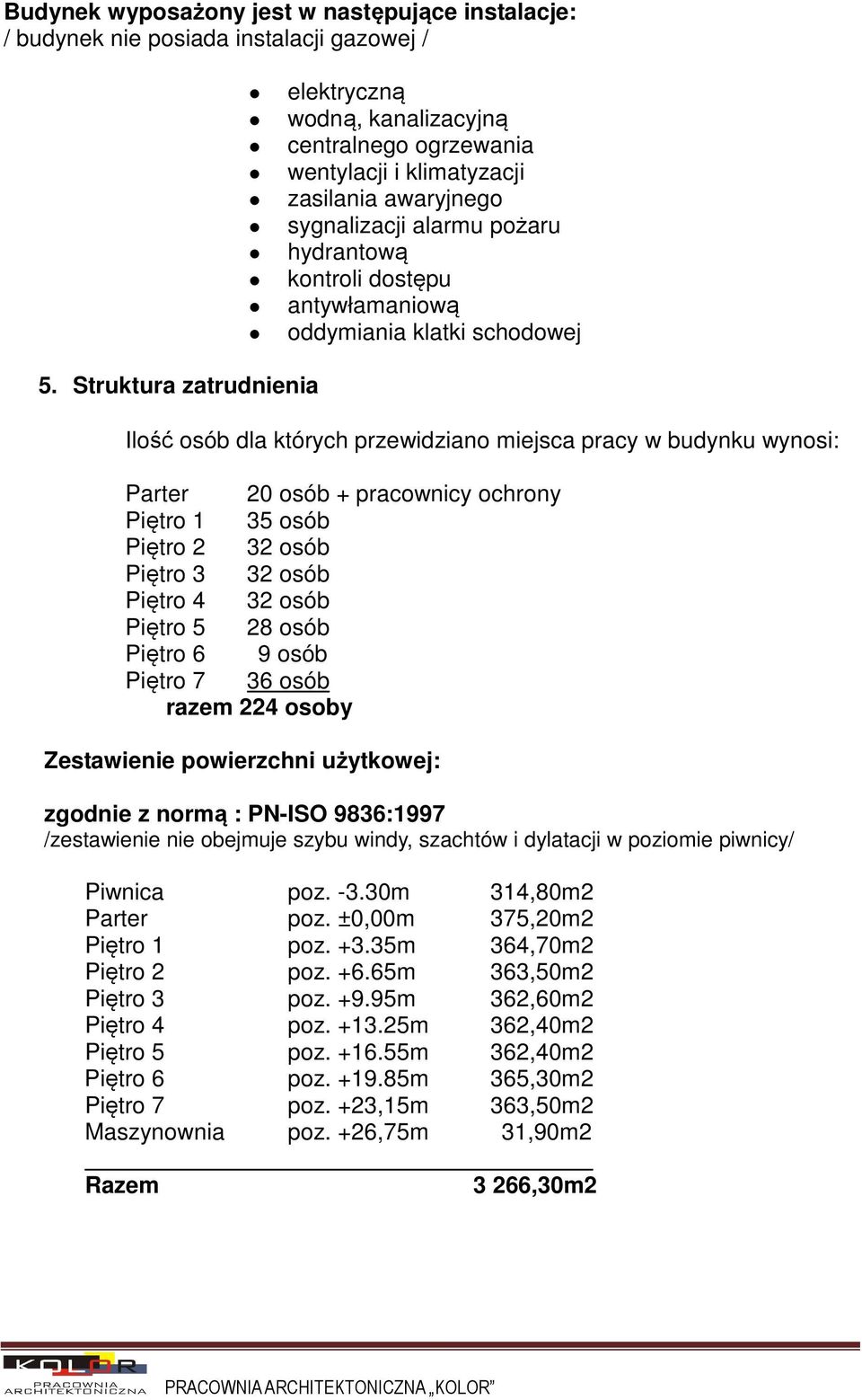 Struktura zatrudnienia Ilość osób dla których przewidziano miejsca pracy w budynku wynosi: Parter 20 osób + pracownicy ochrony Piętro 1 35 osób Piętro 2 32 osób Piętro 3 32 osób Piętro 4 32 osób