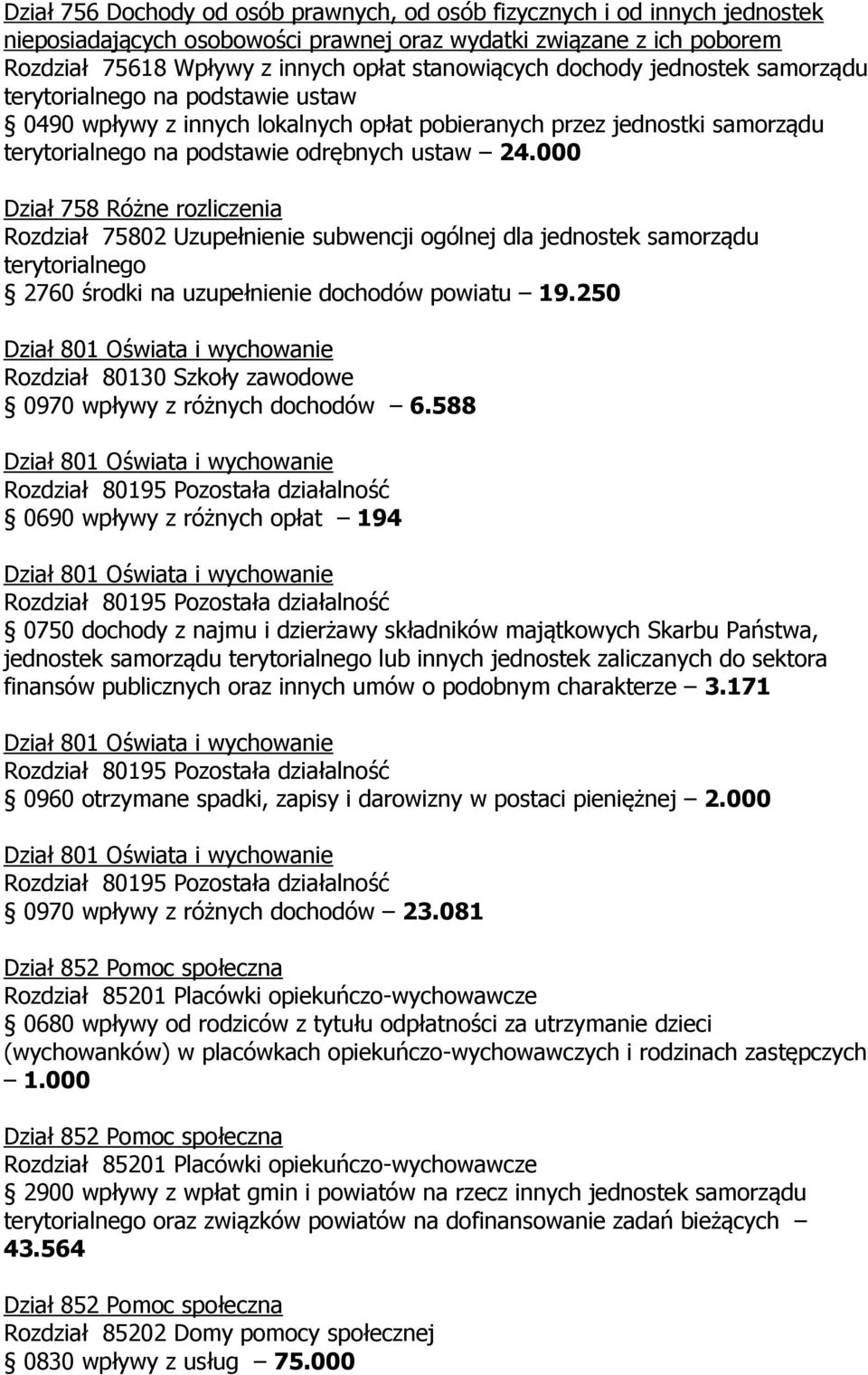 000 Dział 758 Różne rozliczenia Rozdział 75802 Uzupełnienie subwencji ogólnej dla jednostek samorządu terytorialnego 2760 środki na uzupełnienie dochodów powiatu 19.