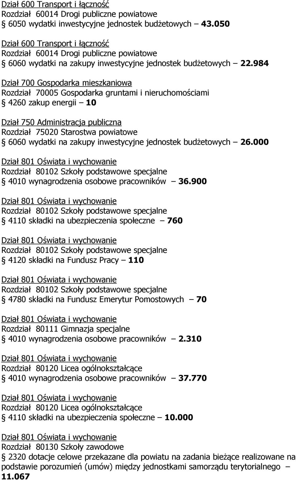 900 Rozdział 80102 Szkoły podstawowe specjalne 4110 składki na ubezpieczenia społeczne 760 Rozdział 80102 Szkoły podstawowe specjalne 4120 składki na Fundusz Pracy 110 Rozdział 80102 Szkoły