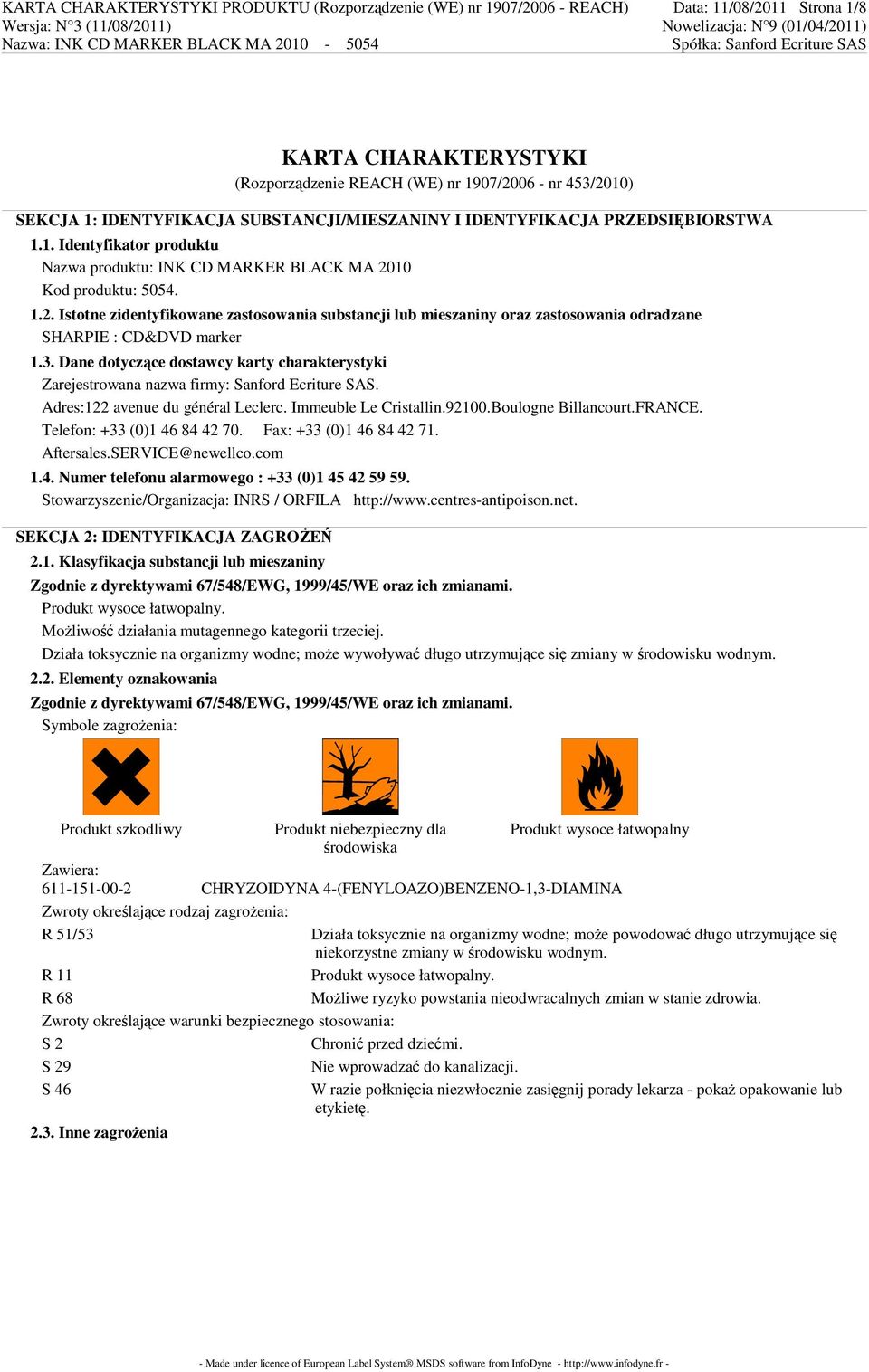 10 Kod produktu: 5054. 1.2. Istotne zidentyfikowane zastosowania substancji lub mieszaniny oraz zastosowania odradzane SHARPIE : CD&DVD marker 1.3.