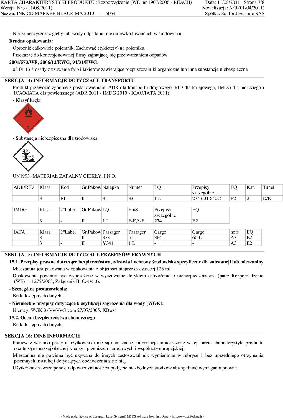 2001/573/WE, 2006/12/EWG, 94/31/EWG: 08 01 13 * osady z usuwania farb i lakierów zawierające rozpuszczalniki organiczne lub inne substancje niebezpieczne SEKCJA 14: INFORMACJE DOTYCZĄCE TRANSPORTU