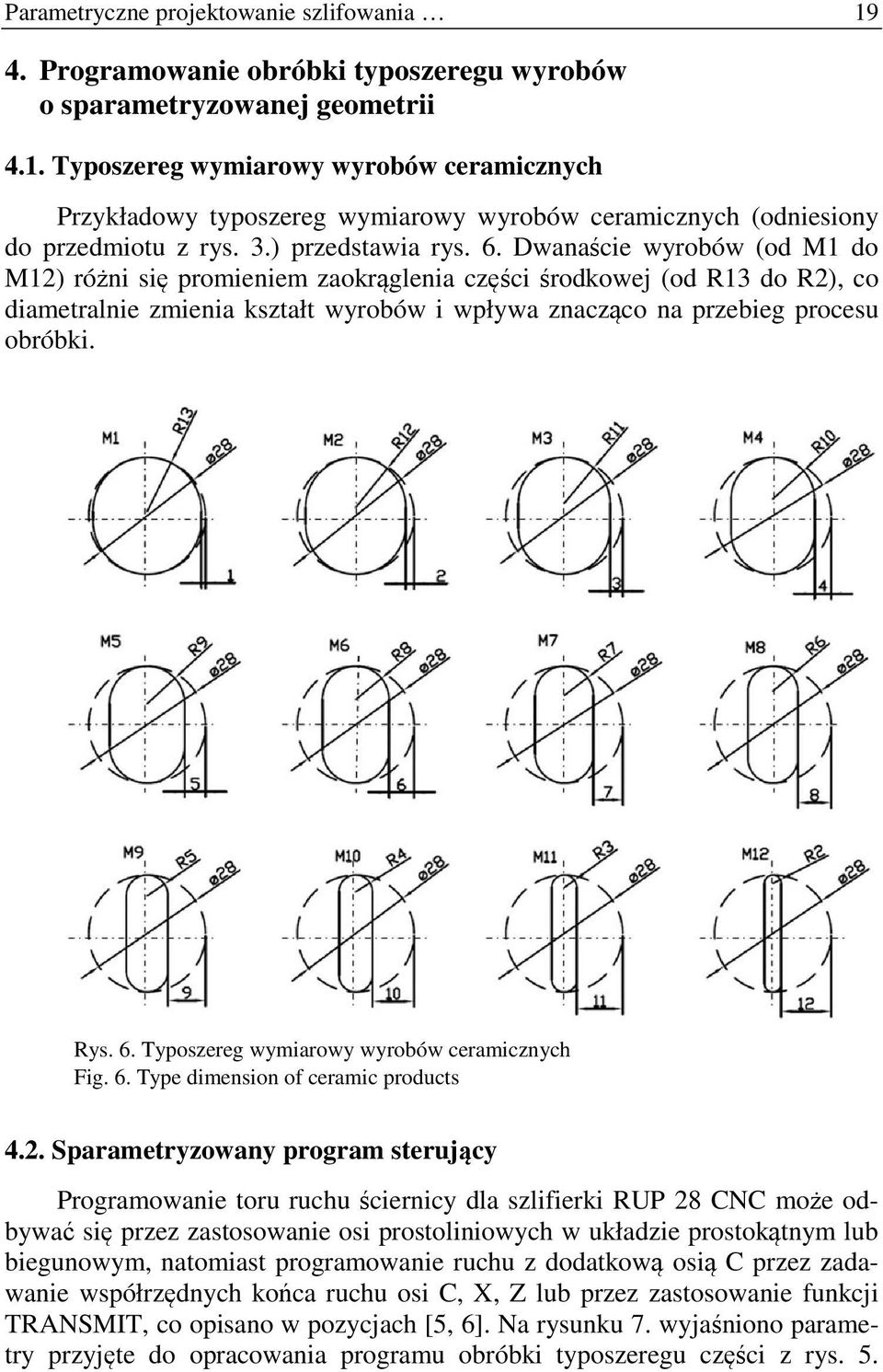 Dwanaście wyrobów (od M1 do M12) różni się promieniem zaokrąglenia części środkowej (od R13 do R2), co diametralnie zmienia kształt wyrobów i wpływa znacząco na przebieg procesu obróbki. Rys. 6.