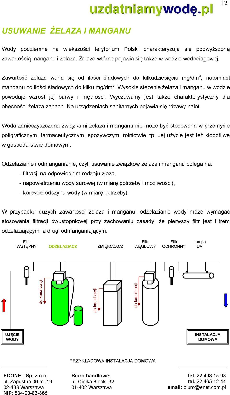 Wysokie stężenie żelaza i manganu w wodzie powoduje wzrost jej barwy i mętności. Wyczuwalny jest także charakterystyczny dla obecności żelaza zapach.