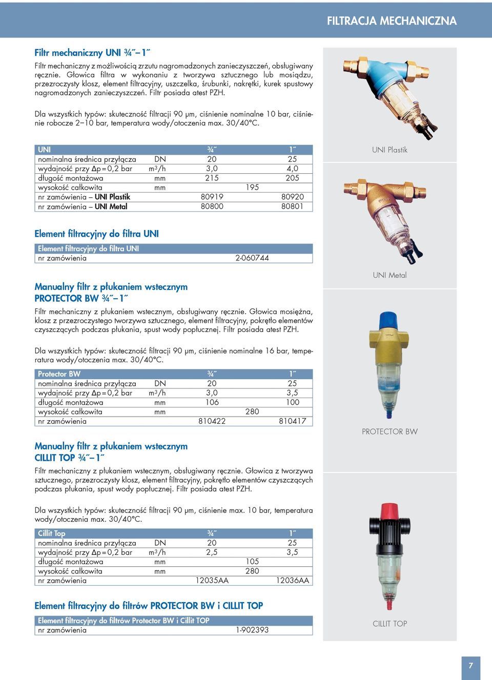 Filtr posiada atest PZH. Dla wszystkich typów: skuteczność filtracji 90 µm, ciśnienie nominalne 10 bar, ciśnienie robocze 2 10 bar, temperatura wody/otoczenia max. 30/40 C.