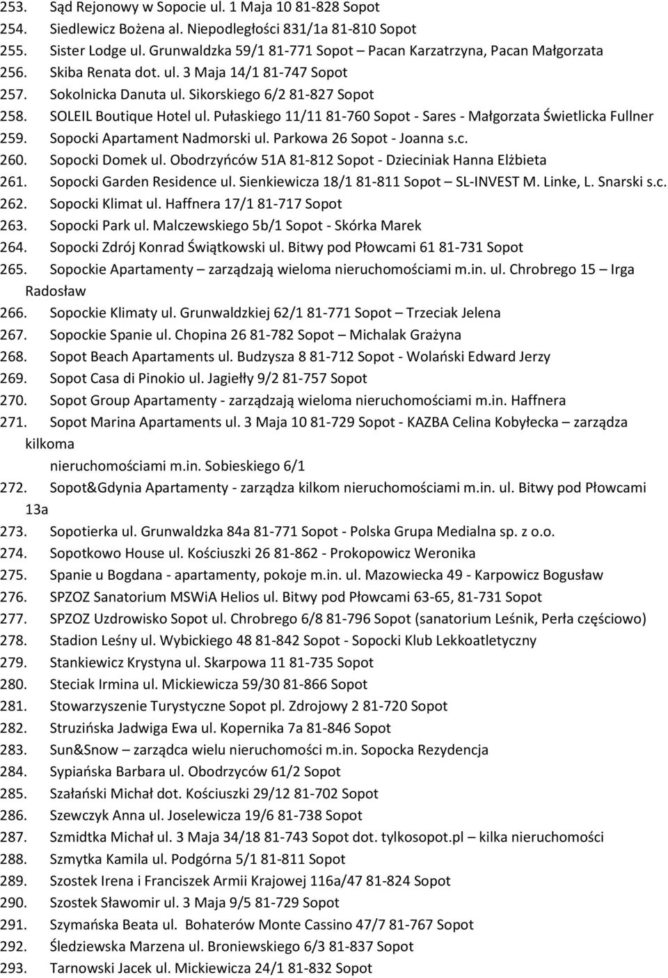 SOLEIL Boutique Hotel ul. Pułaskiego 11/11 81-760 Sopot - Sares - Małgorzata Świetlicka Fullner 259. Sopocki Apartament Nadmorski ul. Parkowa 26 Sopot - Joanna s.c. 260. Sopocki Domek ul.