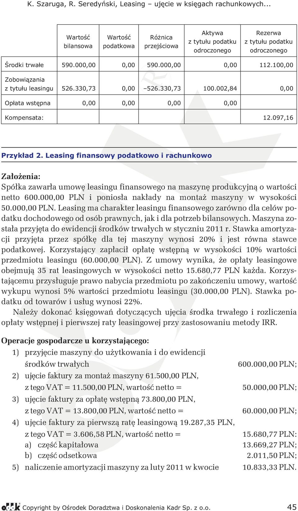 Leasing finansowy podatkowo i rachunkowo Założenia: Spółka zawarła umowę leasingu finansowego na maszynę produkcyjną o wartości netto 600.