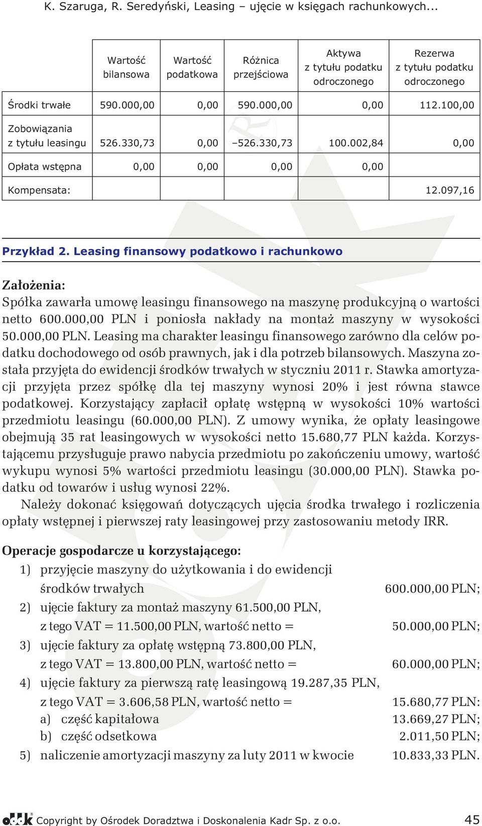 Leasing finansowy podatkowo i rachunkowo Założenia: Spółka zawarła umowę leasingu finansowego na maszynę produkcyjną o wartości netto 600.