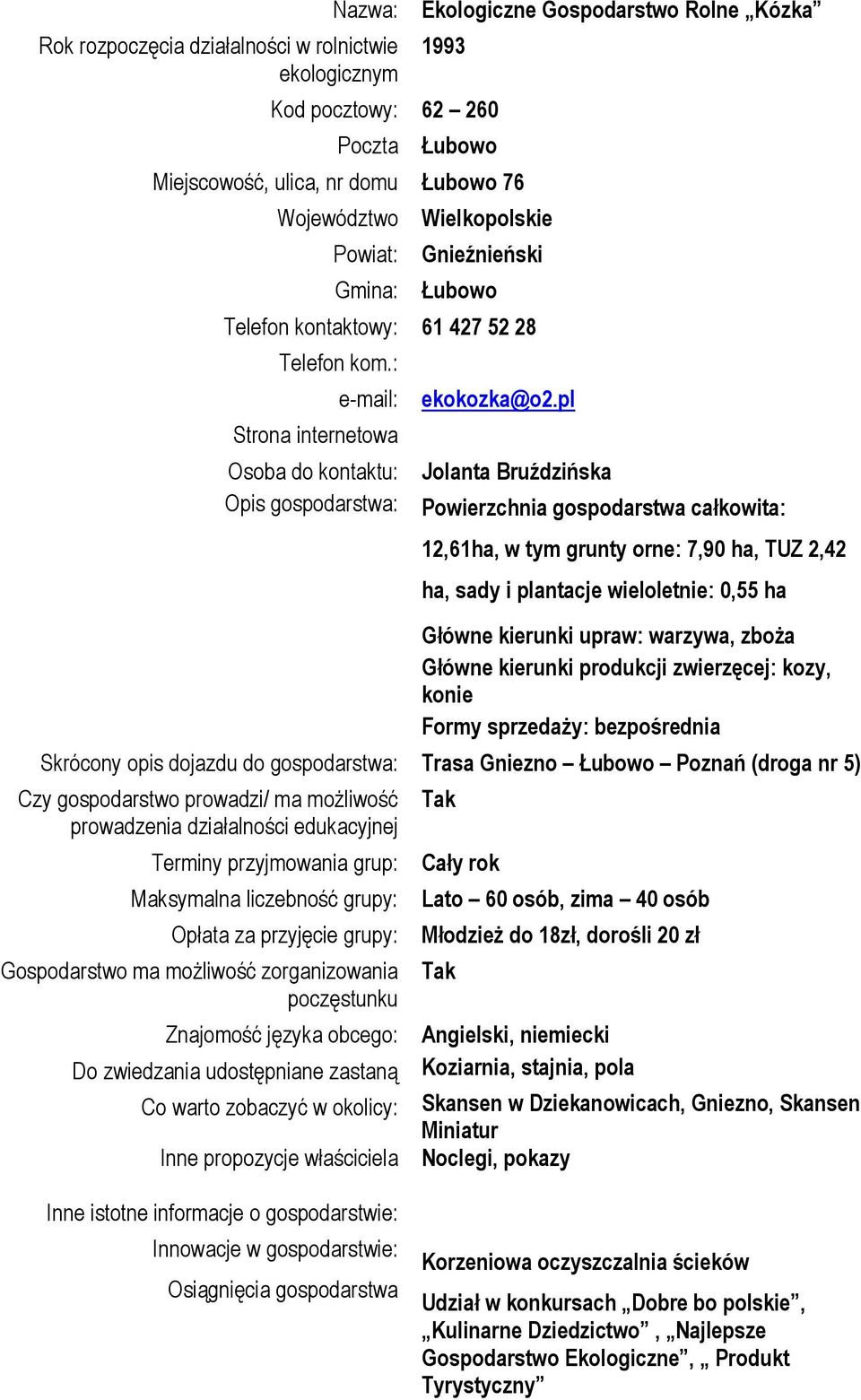 pl Jolanta Bruździńska Powierzchnia gospodarstwa całkowita: 12,61ha, w tym grunty orne: 7,90 ha, TUZ 2,42 ha, sady i plantacje wieloletnie: 0,55 ha Główne kierunki upraw: warzywa, zboża Główne