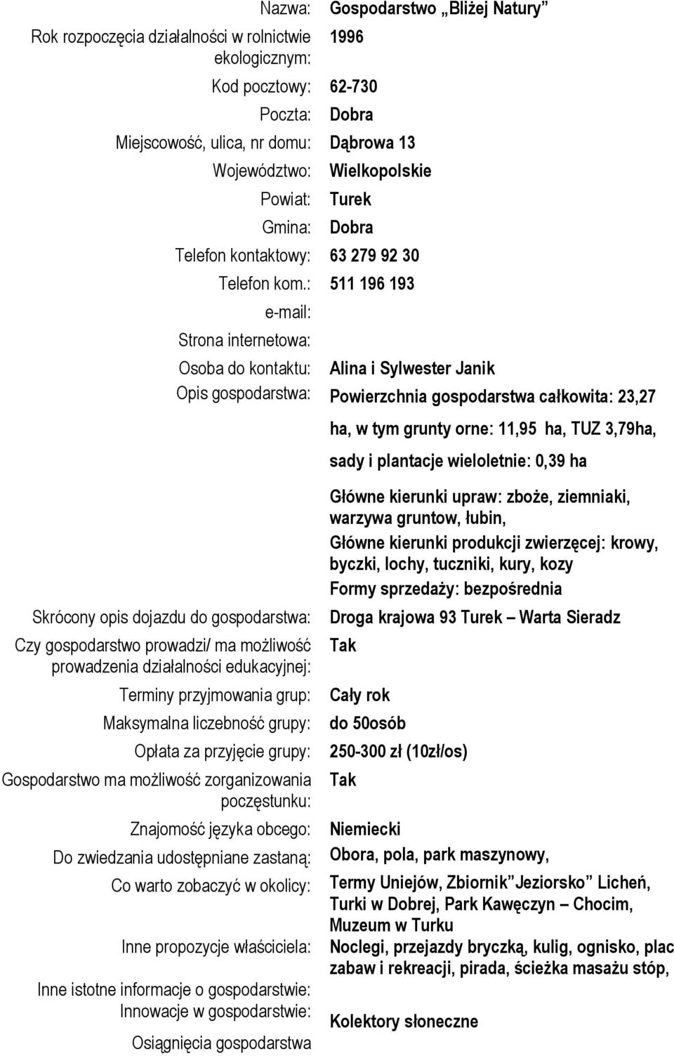 : 511 196 193 e-mail: Strona internetowa: Skrócony opis dojazdu do gospodarstwa: Czy gospodarstwo prowadzi/ ma możliwość prowadzenia działalności edukacyjnej: Osoba do kontaktu: Alina i Sylwester