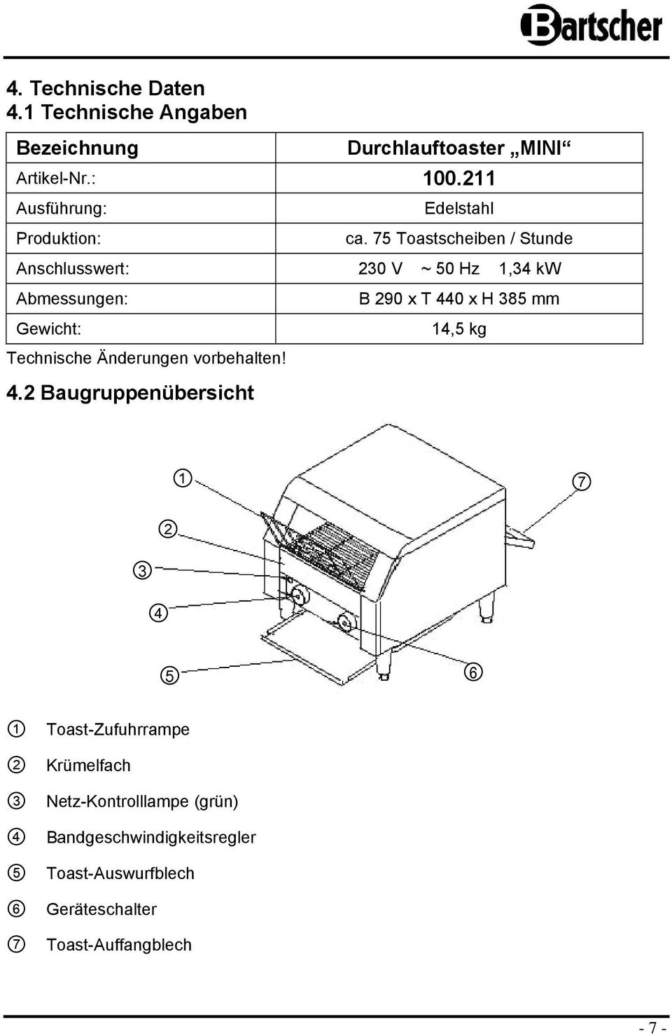 75 Tastscheiben / Stunde Anschlusswert: 230 V ~ 50 Hz 1,34 kw Abmessungen: Gewicht: Technische Änderungen vrbehalten!