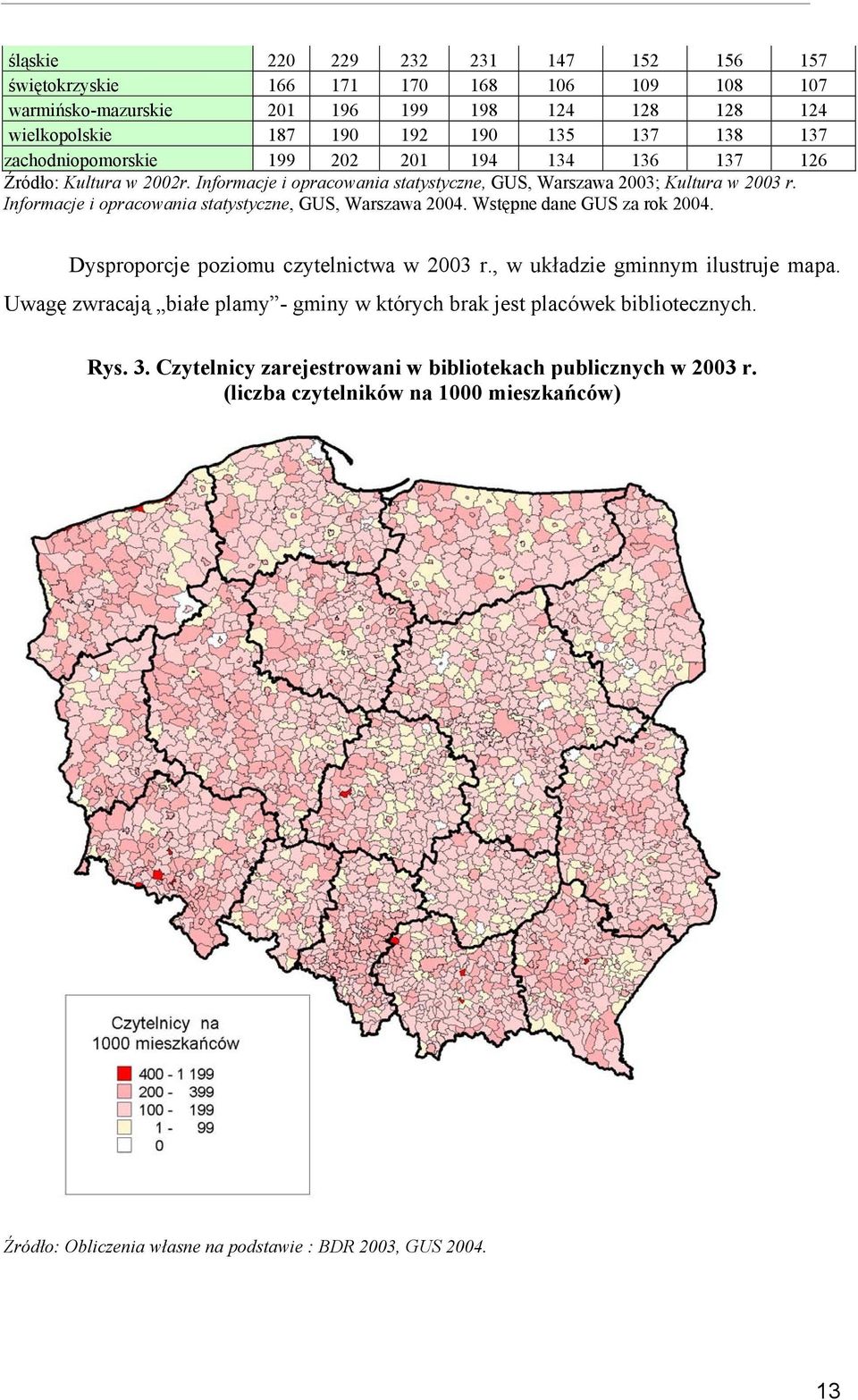Informacje i opracowania statystyczne, GUS, Warszawa 2004. Wstępne dane GUS za rok 2004. Dysproporcje poziomu czytelnictwa w 2003 r., w układzie gminnym ilustruje mapa.