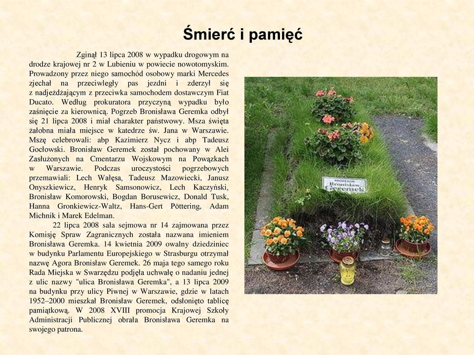 Według prokuratora przyczyną wypadku było zaśnięcie za kierownicą. Pogrzeb Bronisława Geremka odbył się 21 lipca 2008 i miał charakter państwowy. Msza święta żałobna miała miejsce w katedrze św.