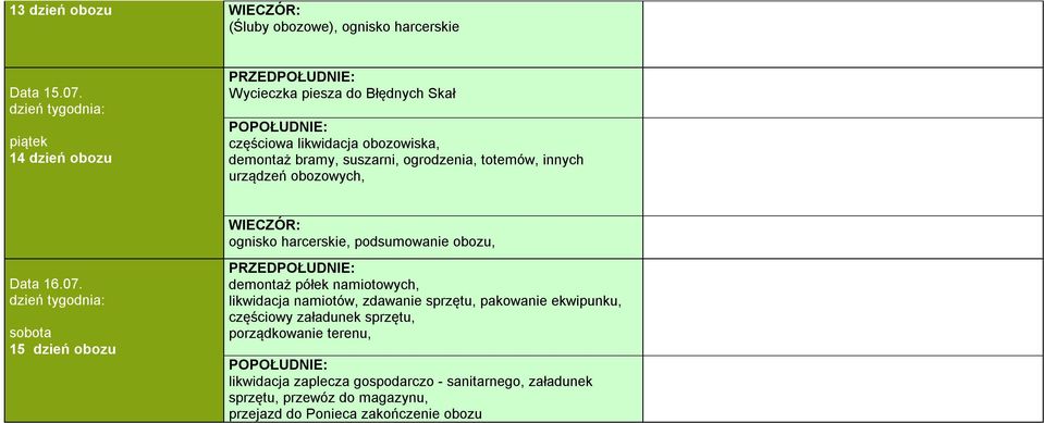 totemów, innych urządzeń obozowych,, podsumowanie obozu, Data 16.07.