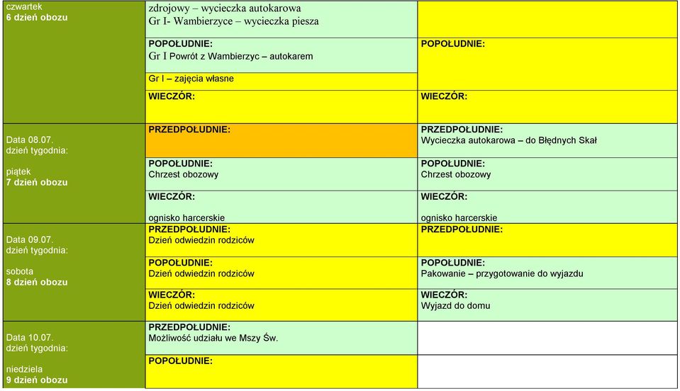 piątek 7 dzień obozu Data 09.07.
