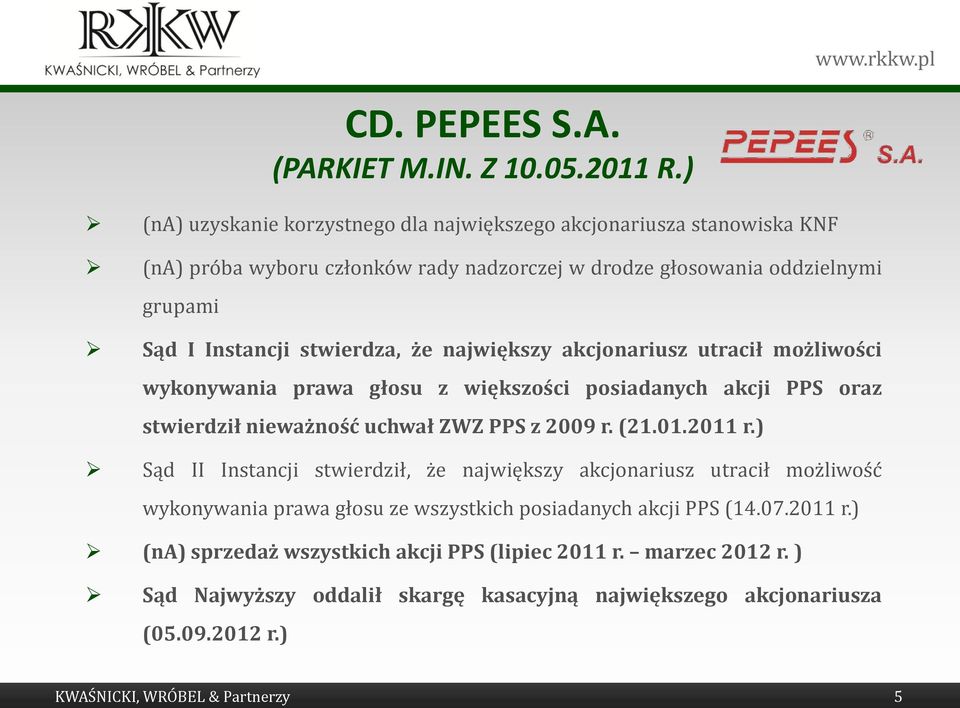 stwierdza, że największy akcjonariusz utracił możliwości wykonywania prawa głosu z większości posiadanych akcji PPS oraz stwierdził nieważność uchwał ZWZ PPS z 2009 r. (21.01.2011 r.