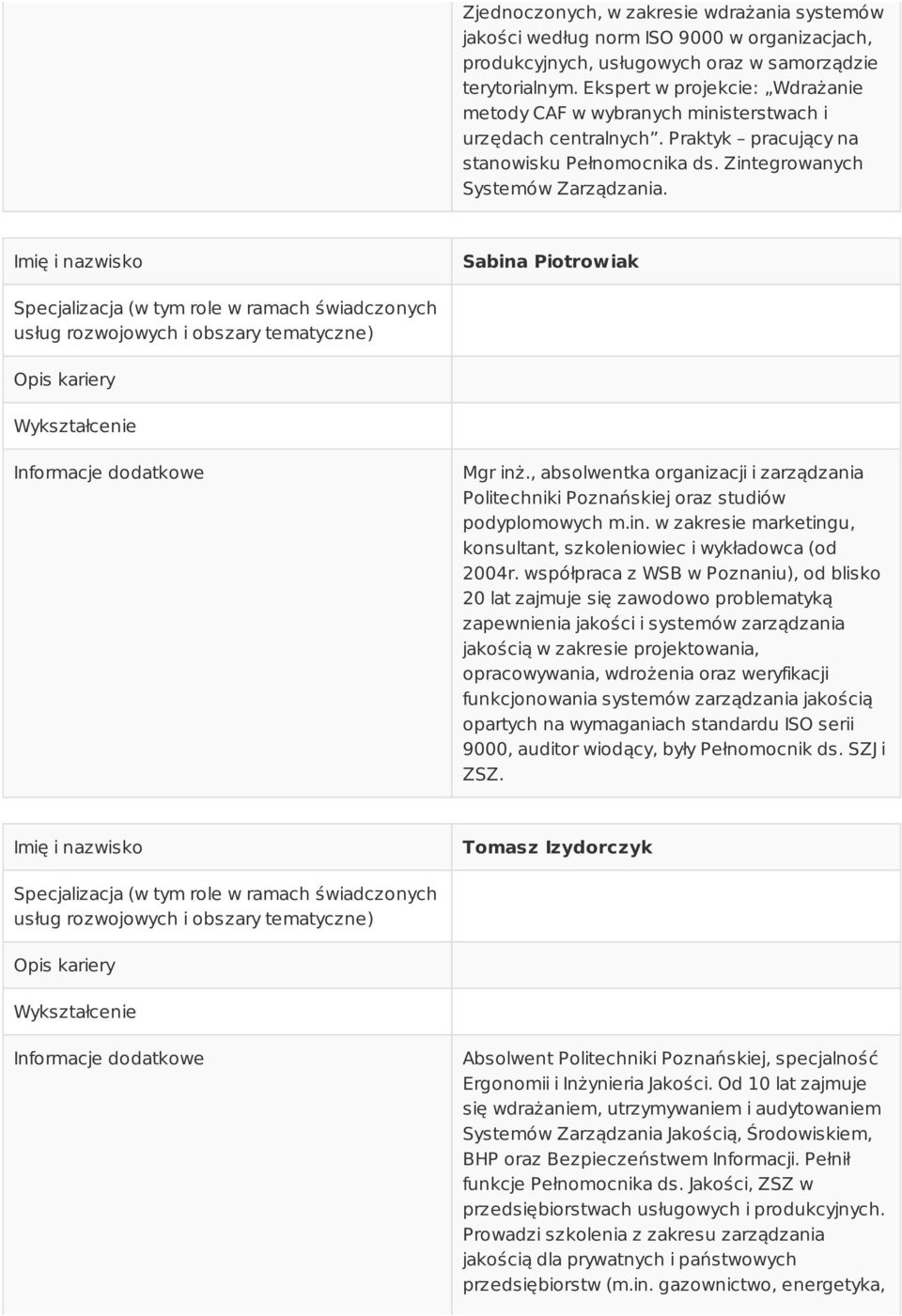 Sabina Piotrowiak Mgr inż., absolwentka organizacji i zarządzania Politechniki Poznańskiej oraz studiów podyplomowych m.in. w zakresie marketingu, konsultant, szkoleniowiec i wykładowca (od 2004r.