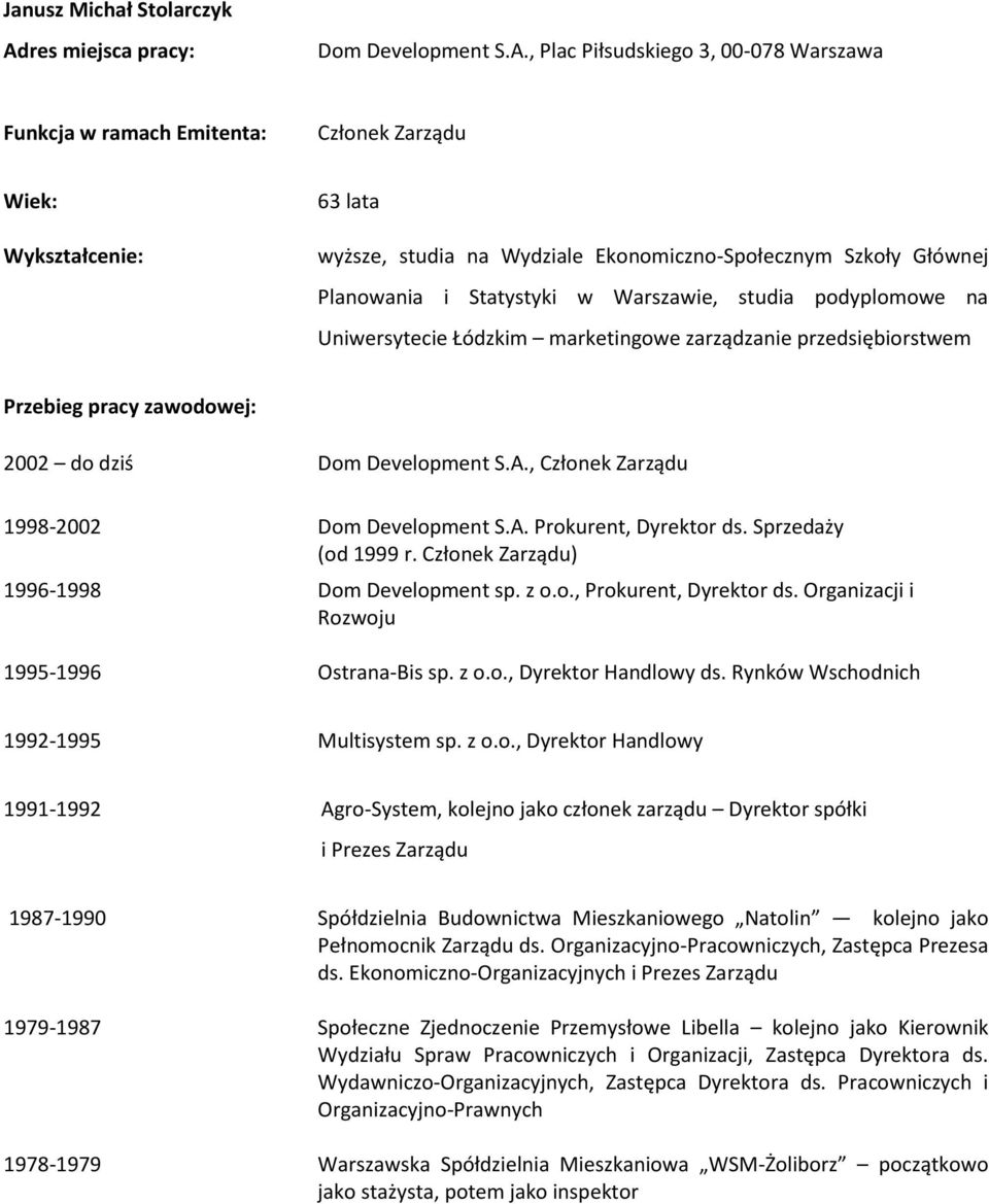 Członek Zarządu) 1996-1998 Dom Development sp. z o.o., Prokurent, Dyrektor ds. Organizacji i Rozwoju 1995-1996 Ostrana-Bis sp. z o.o., Dyrektor Handlowy ds. Rynków Wschodnich 1992-1995 Multisystem sp.