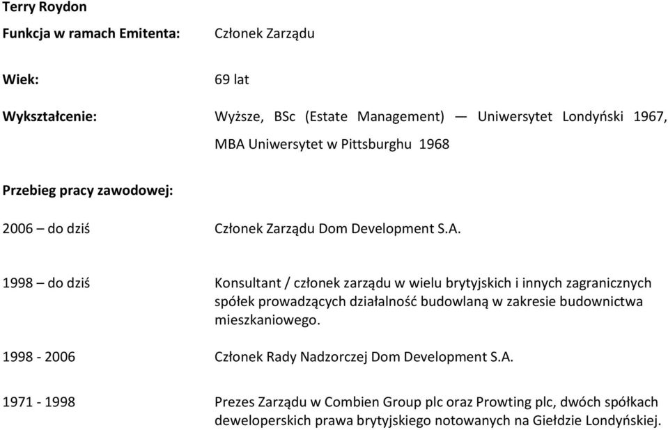 1998 do dziś Konsultant / członek zarządu w wielu brytyjskich i innych zagranicznych spółek prowadzących działalność budowlaną w zakresie