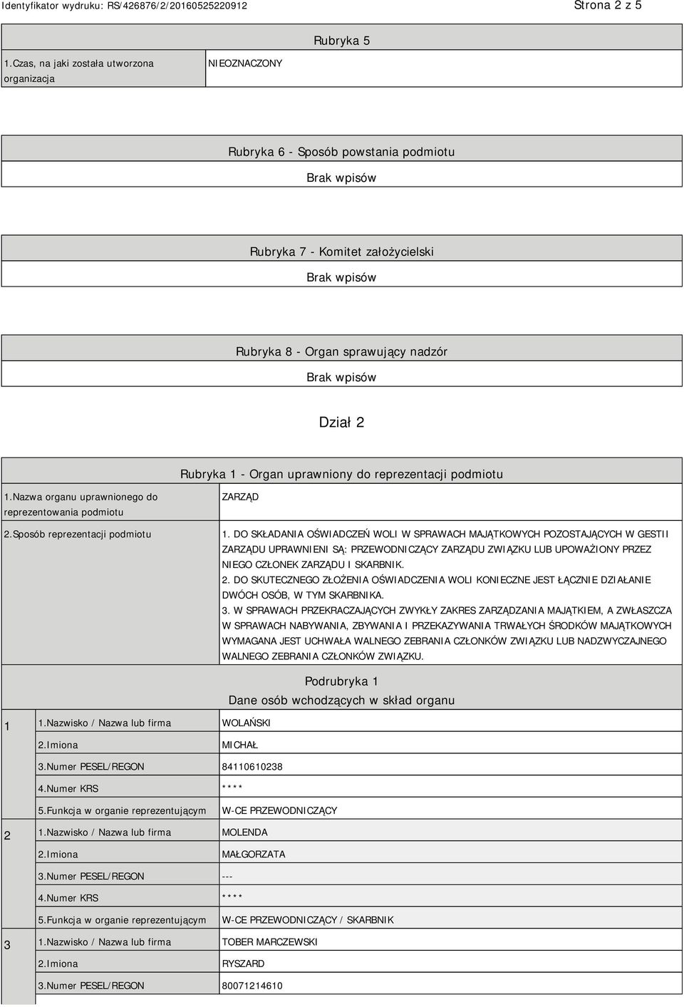 uprawniony do reprezentacji podmiotu 1.Nazwa organu uprawnionego do reprezentowania podmiotu 2.Sposób reprezentacji podmiotu ZARZĄD 1.