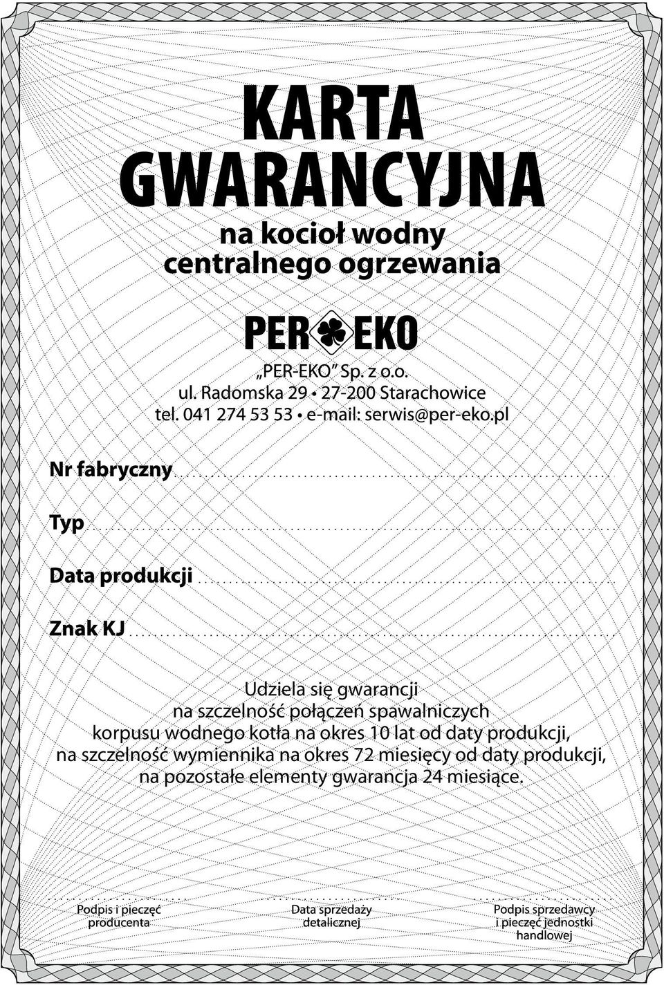daty produkcji, na szczelność wymiennika na okres 72