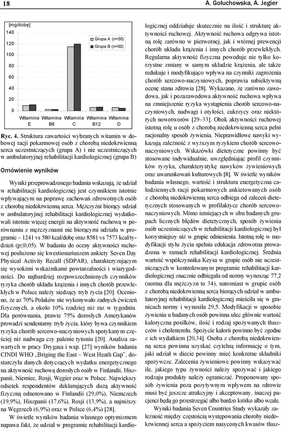 Struktura zawartości wybranych witamin w dobowej racji pokarmowej osób z chorobą niedokrwienną serca uczestniczących (grupa A) i nie uczestniczących w ambulatoryjnej rehabilitacji kardiologicznej